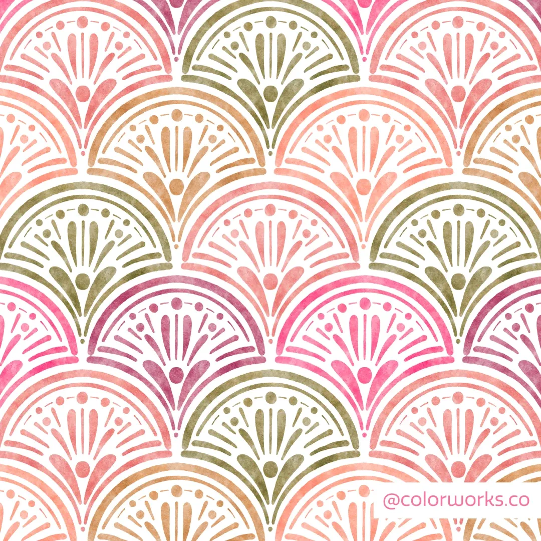 Scalloped seashell shapes with radiating lines in pink, peach, and olive.