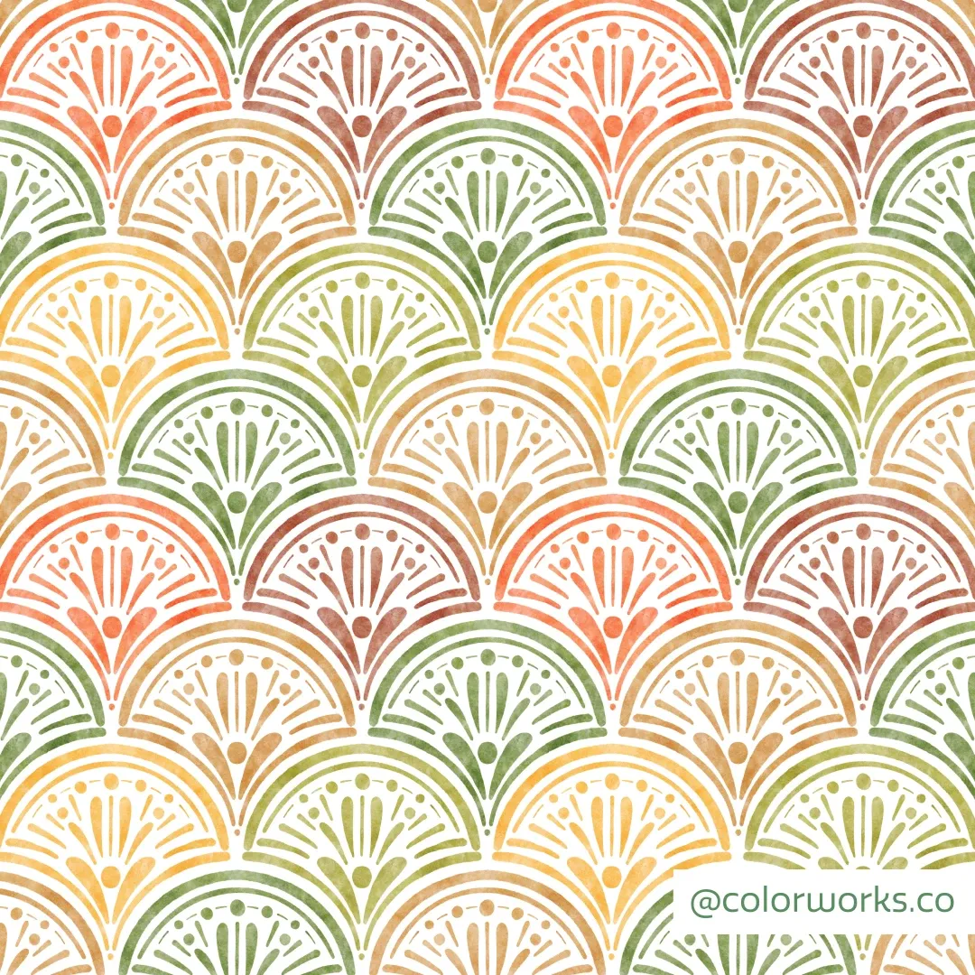 Scalloped seashell motifs in warm orange, pink, and olive.