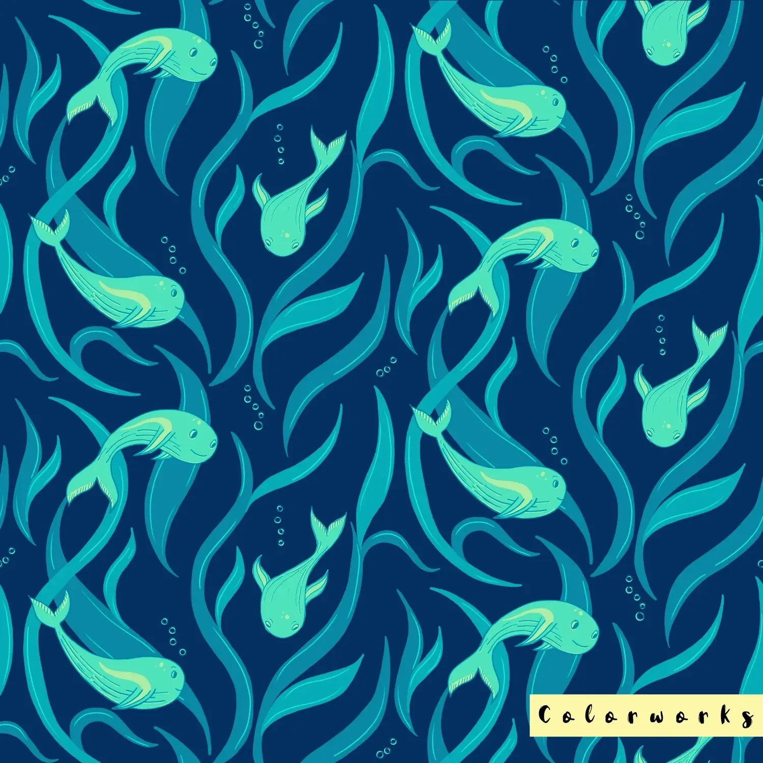 Turquoise fish weaving between seaweed on a deep blue background.