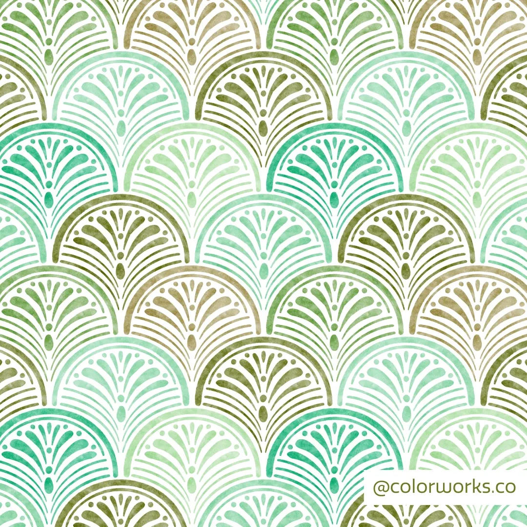 Scalloped shell tiles in teal, pale blue, and muted brown.