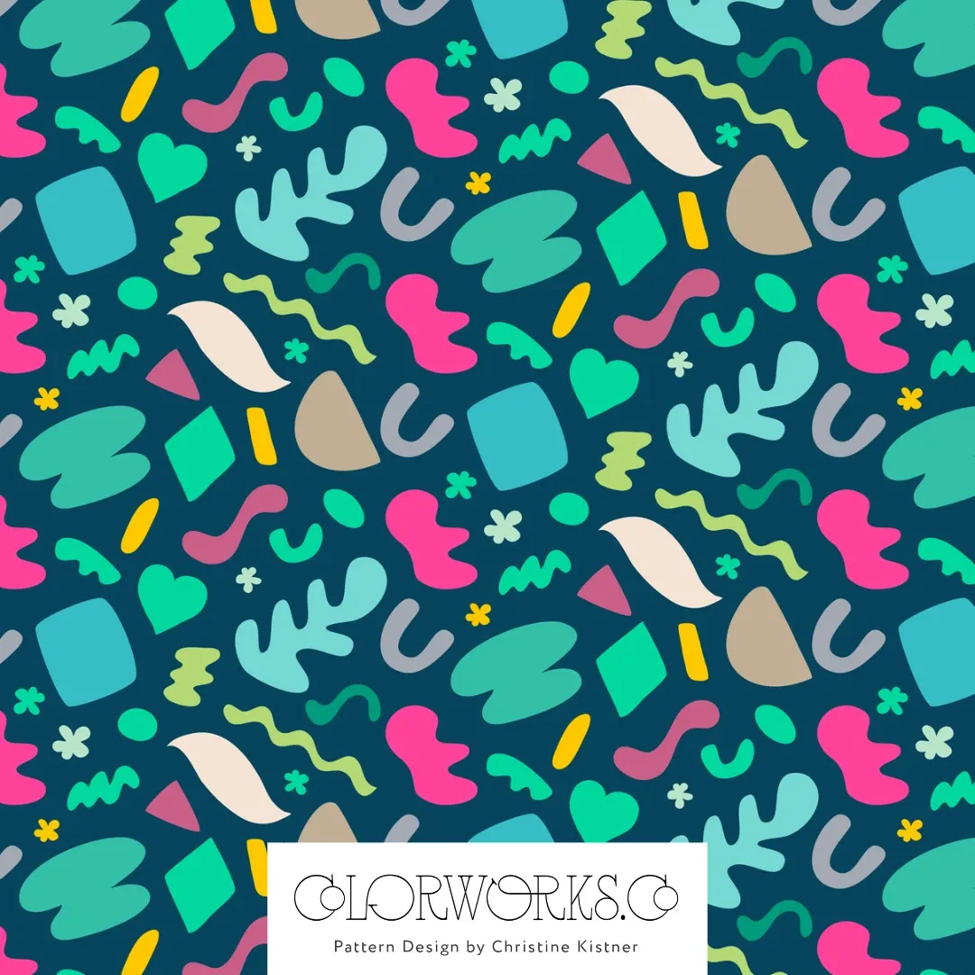 Loose colorful shapes and squiggles scattered across navy.