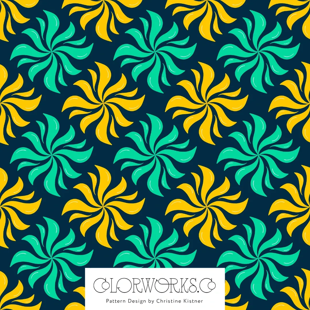 Teal and yellow petal swirls on dark blue.