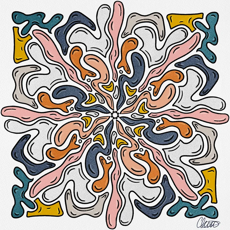 A symmetrical abstract of curving shapes in coral, navy, and blush