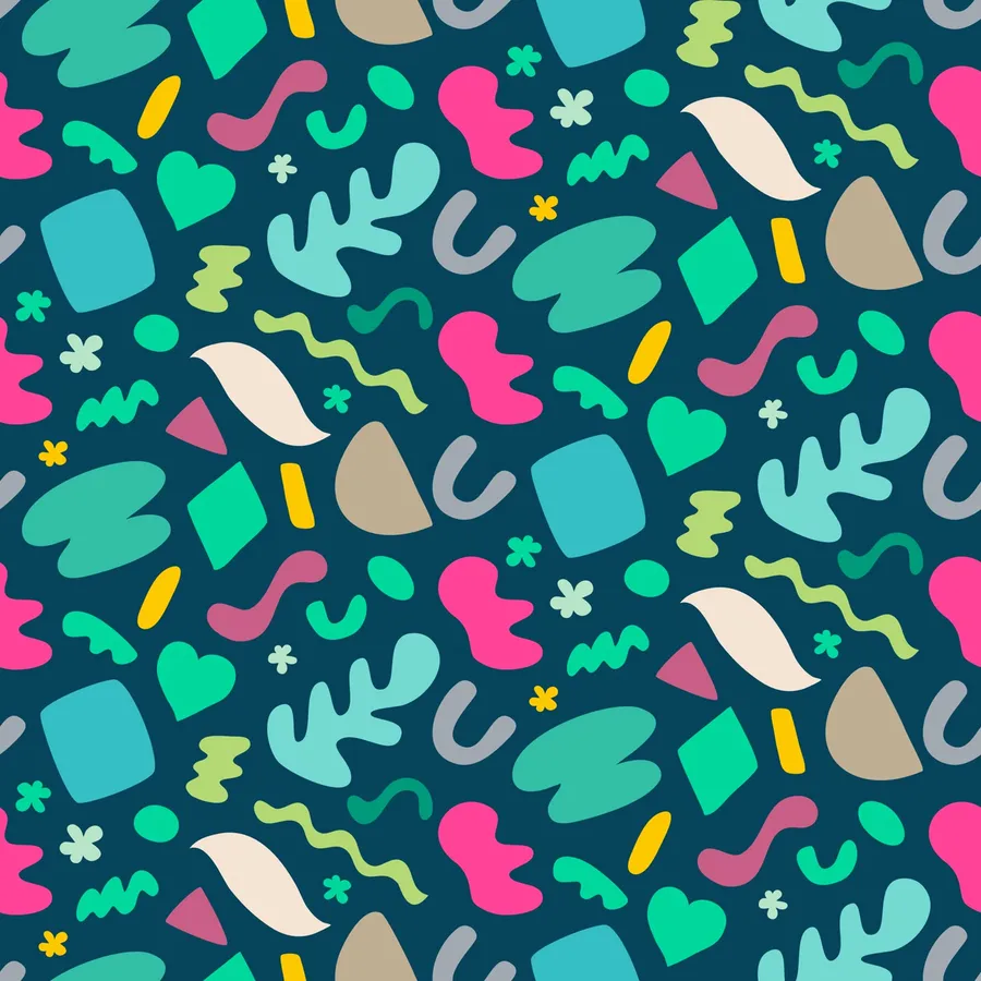 Scattered paper-cut shapes and squiggles — Playful Paper Cut Outs, Brights on Dark Blue colorway