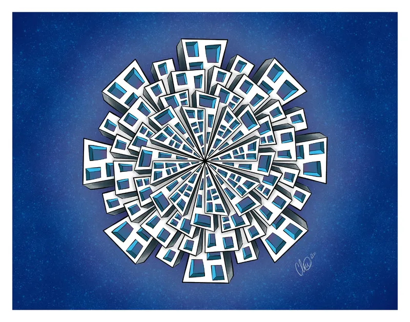 A radial mandala of tiny buildings on a deep blue background