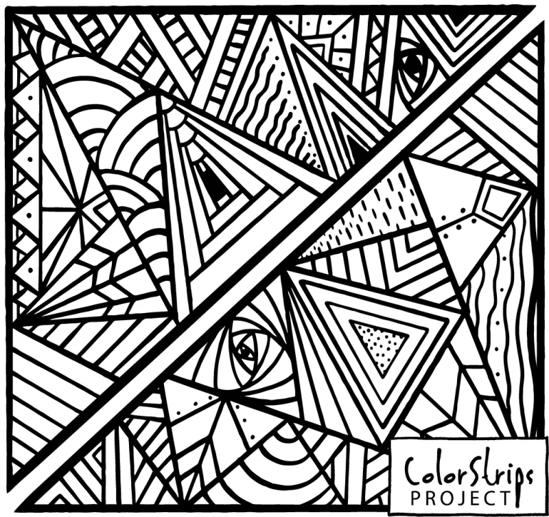 Triangle Fiesta: a diagonal split of triangles filled with stripes, arcs, and dots.