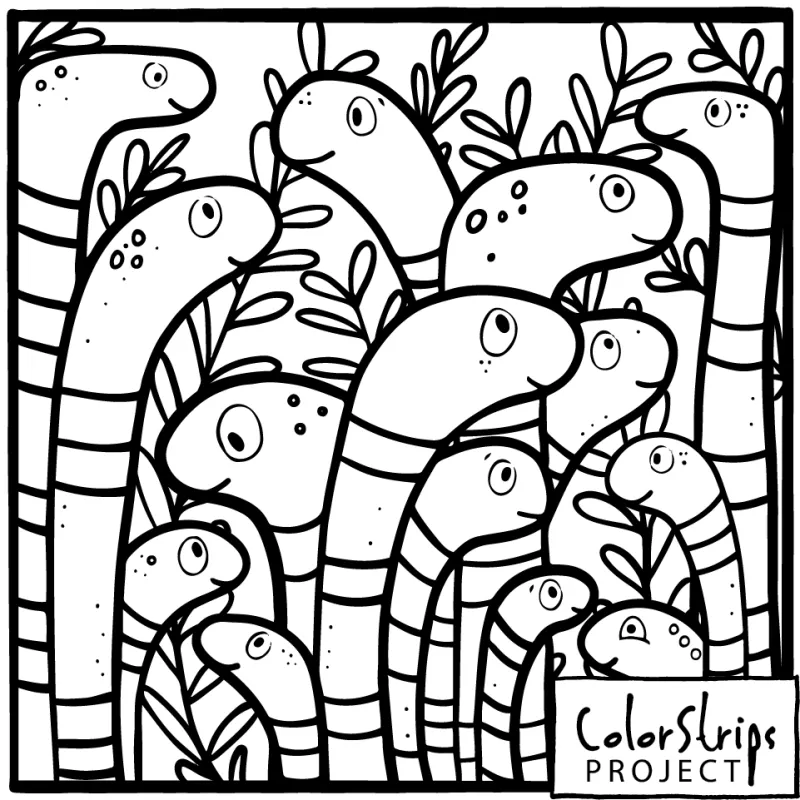 Garden Friends: a crowd of smiling worms peeking out among leafy stems.