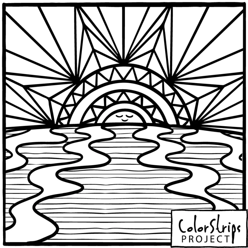 Radiant Sunset: a sun with a sleepy face setting over rippling water, rays fanning out.