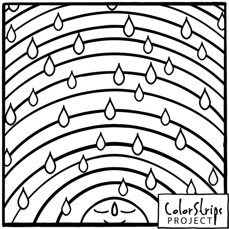Rainbow: concentric arcs with raindrops and a sleeping sun at the bottom.