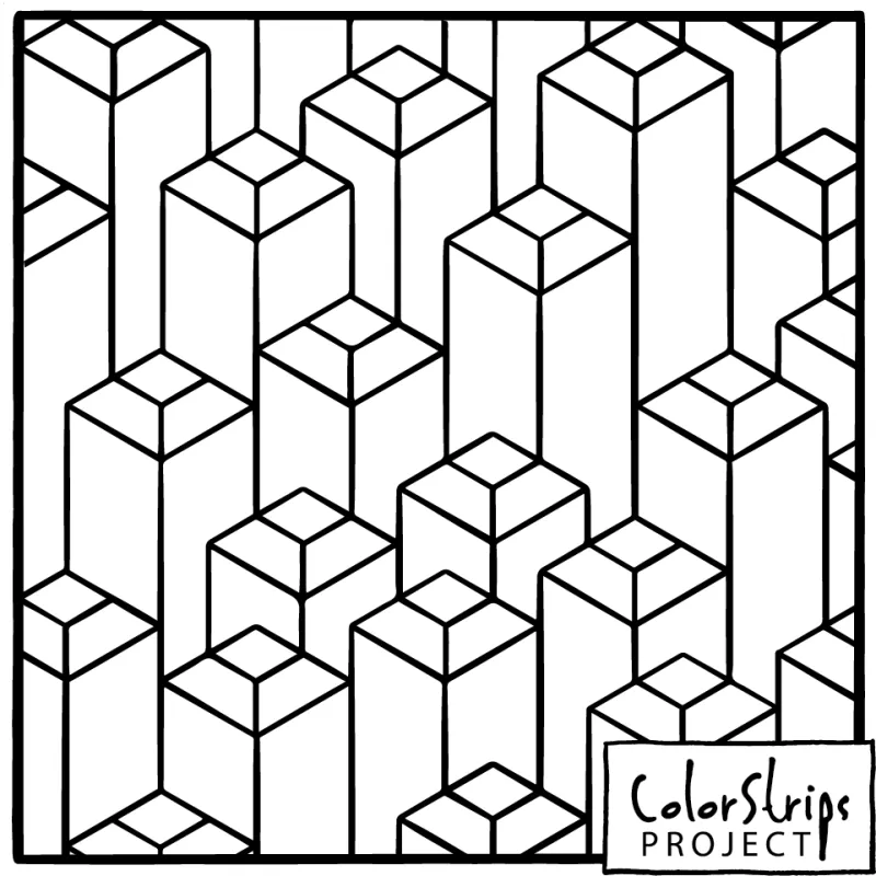 Columns of isometric blocks rising like a city skyline.