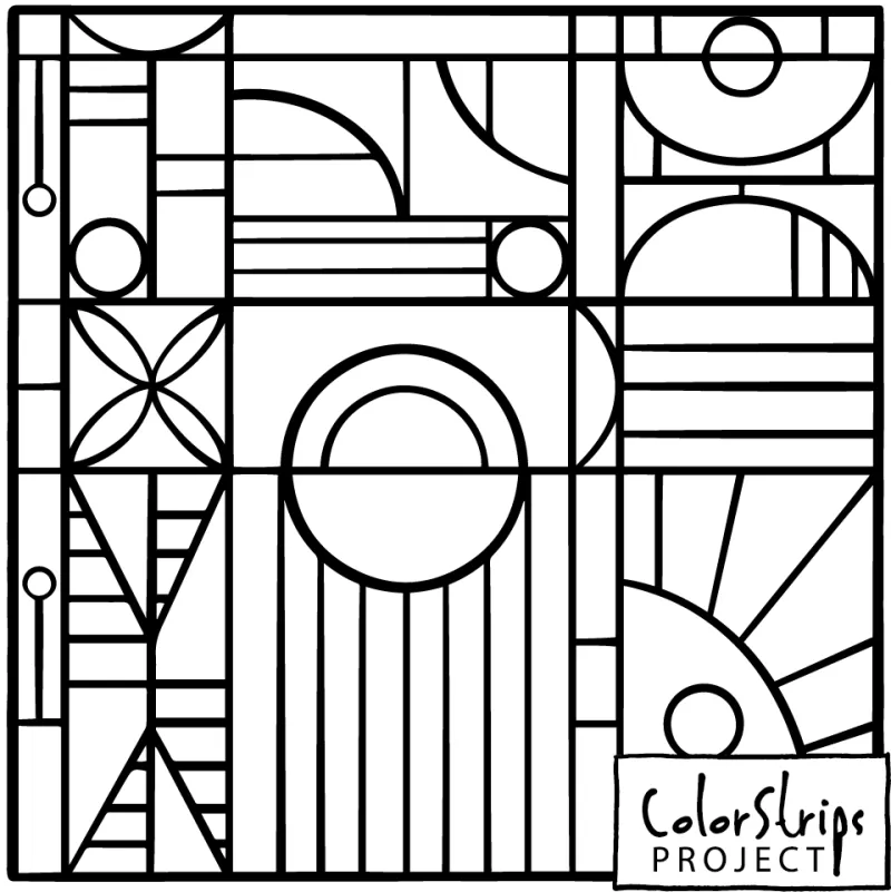 A geometric grid of circles, half-circles, stripes, and sunbursts.