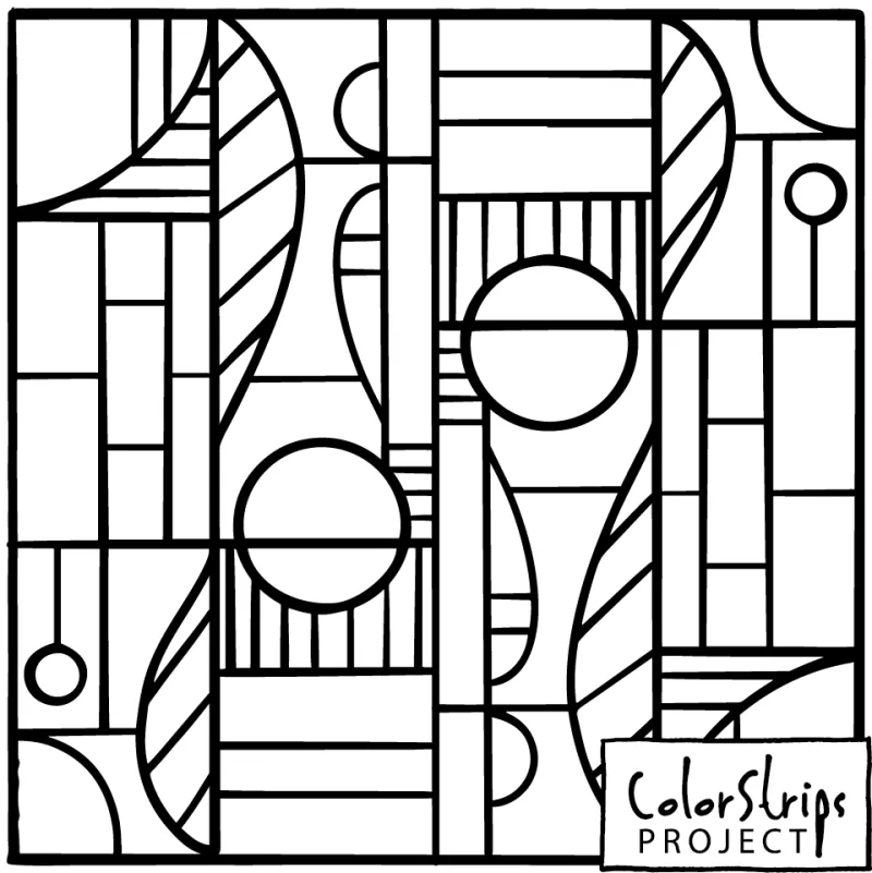 A stained-glass grid of circles, arches, and stripes.