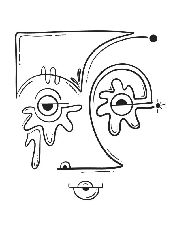 Contour line face with a square-topped head, flower-shaped eyes, and a tiny round mouth.
