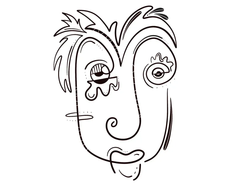 Contour line face with spiky hair, mismatched eyes, and a curling line for a nose.