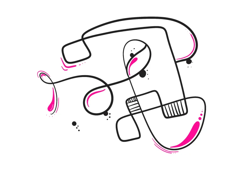 Abstract contour drawing of looping, interlocking shapes with hot pink accents.