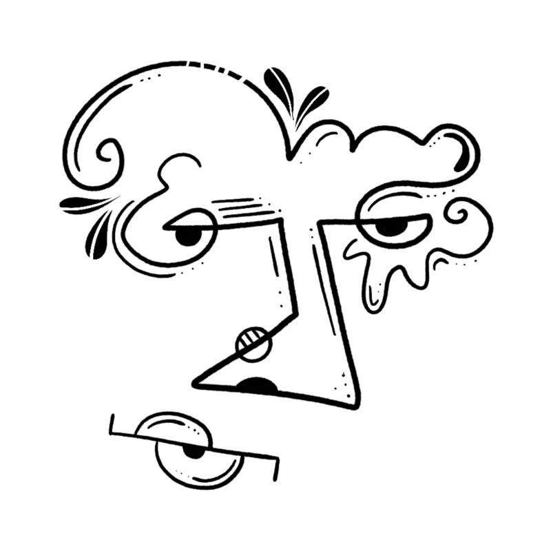 Contour line face with cloud-like swirls for hair, heavy-lidded eyes, and an angular nose.