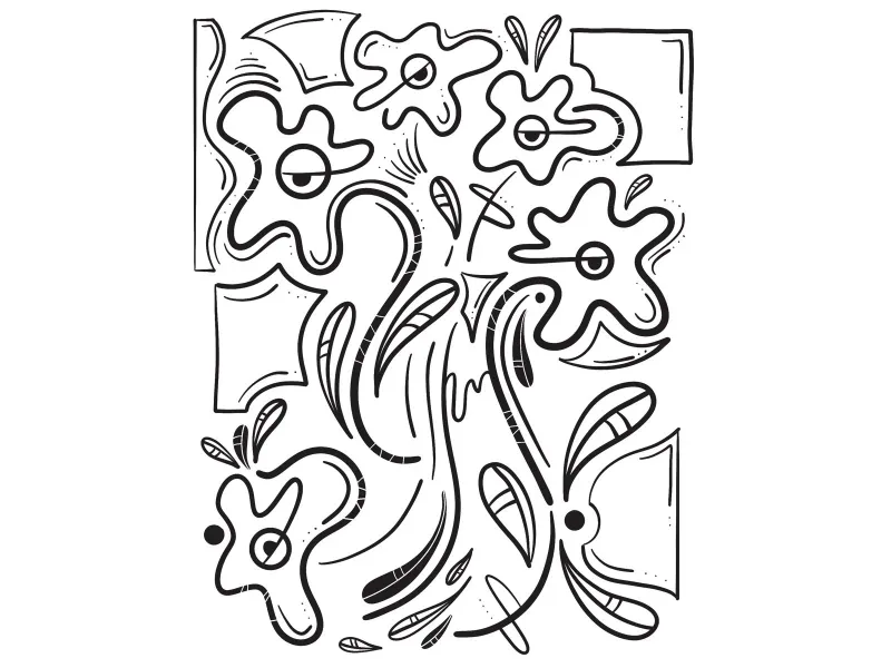 Contour line drawing of flowers with eyes, surrounded by leaves and swirling shapes.