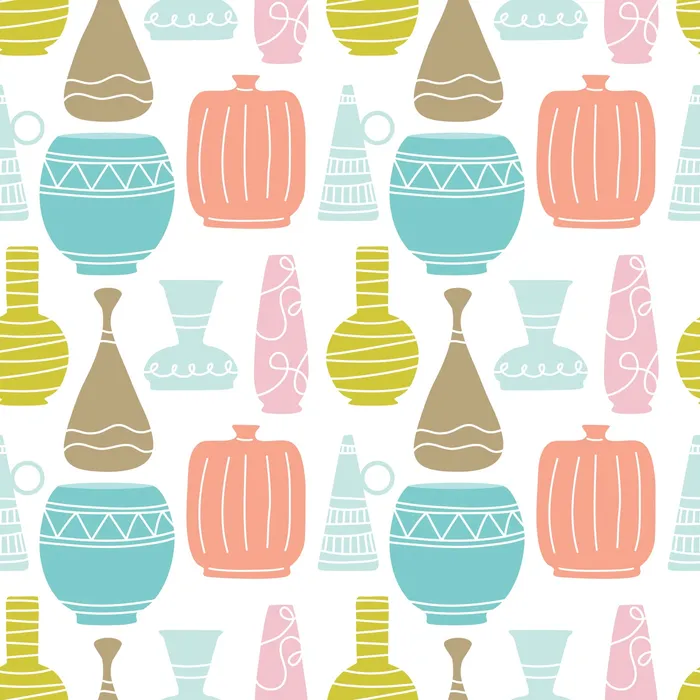 Rows of hand-drawn vases and vessels — Athena's Vases, Dreamy Pastels colorway