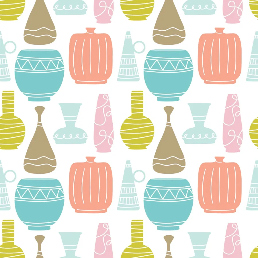 Rows of hand-drawn vases and vessels — Athena's Vases, Dreamy Pastels colorway