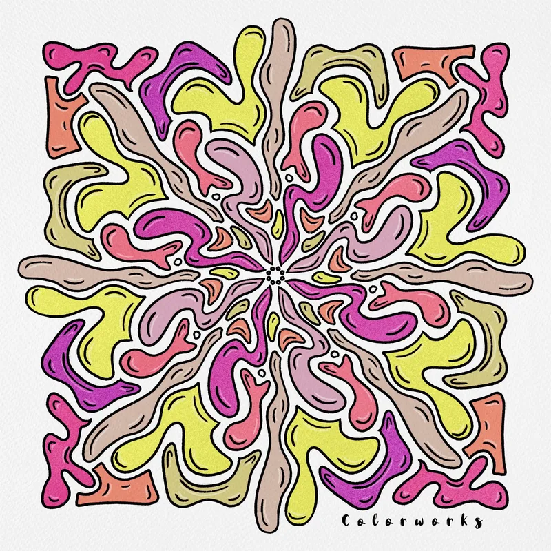 A symmetrical abstract of curving shapes in pink, yellow, and purple