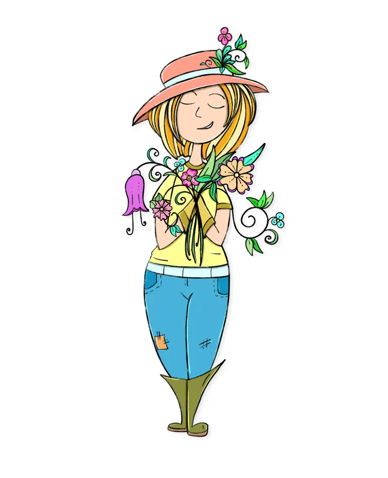 A smiling woman in a sun hat and overalls holding a bouquet of flowers
