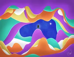 Girl in Starlight in a bright colorblock colorway of purple, orange, teal, and yellow