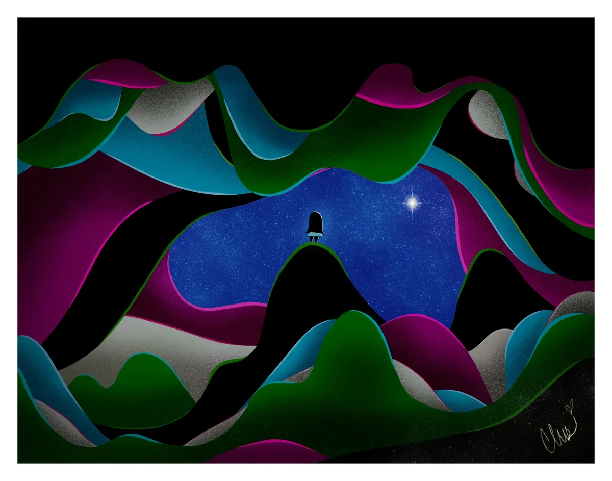 Layered hills in magenta, teal, and green open onto a starry sky, where a tiny girl stands on a peak