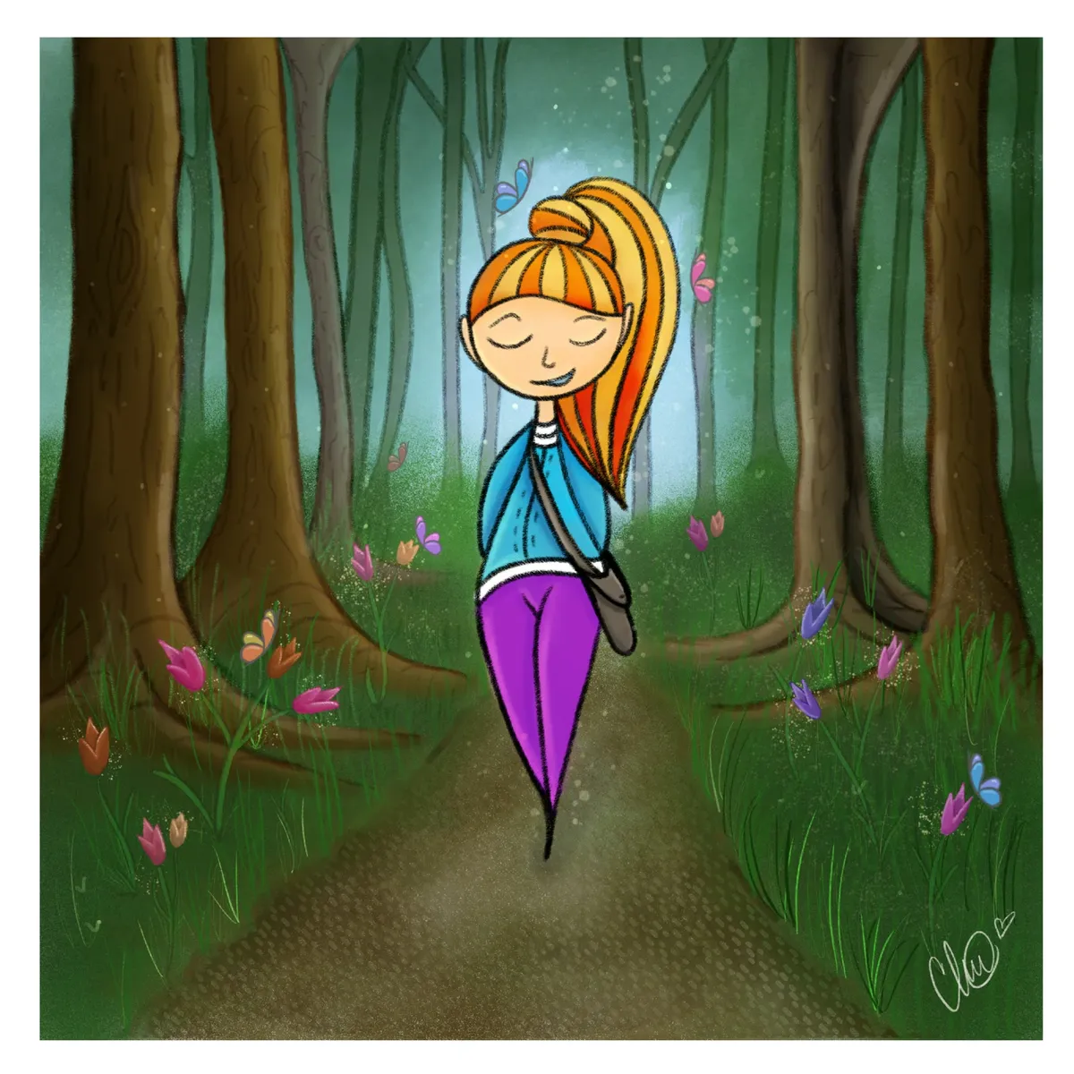 A girl with an orange ponytail walks a forest path, eyes closed, as butterflies drift through tall trees