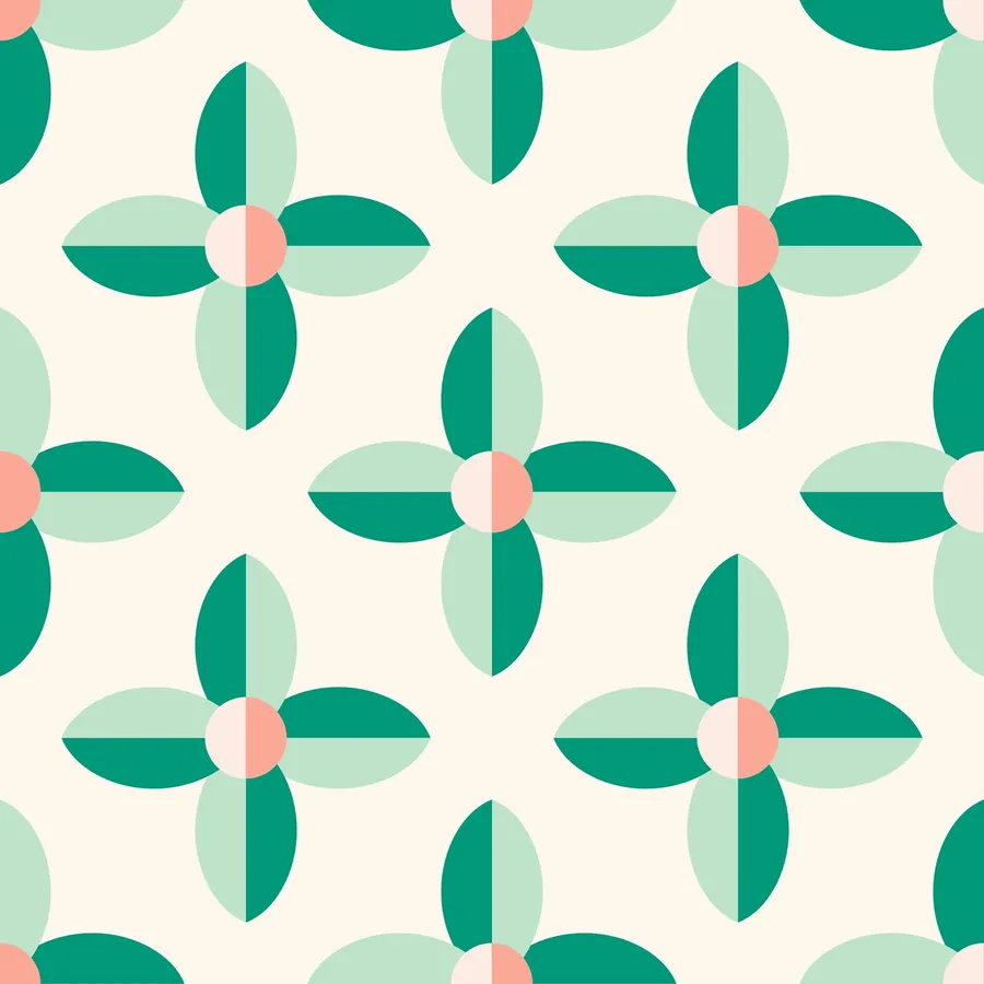 Four-petal retro flowers in a grid — Retro Flora, Greens and Peaches colorway