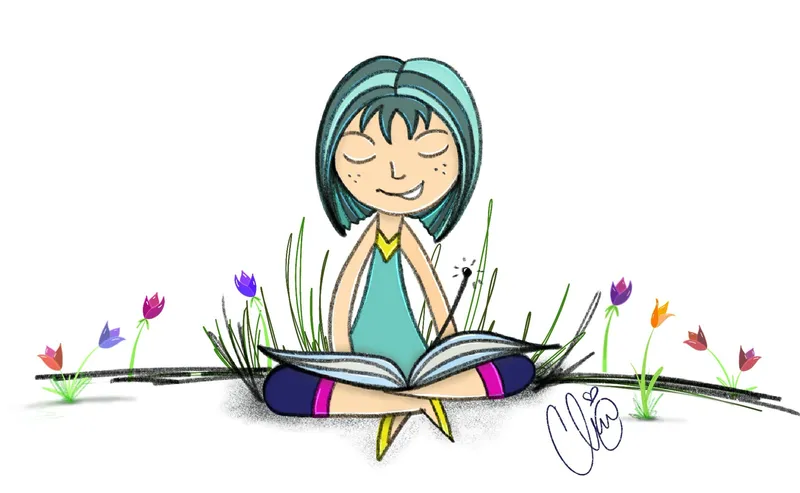 A girl reading a book, sitting among tulips