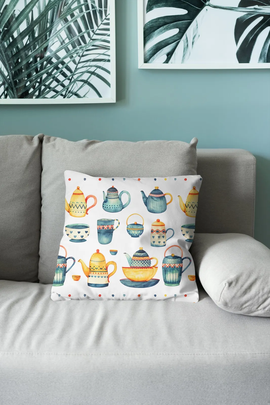 Whimsical Tea Set on a throw pillow