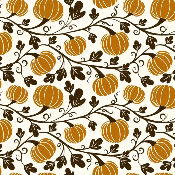 Pumpkins and leaves on curling vines — Autumn Pumpkin Harvest, Original colorway