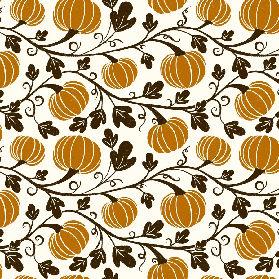 Pumpkins and leaves on curling vines — Autumn Pumpkin Harvest, Original colorway