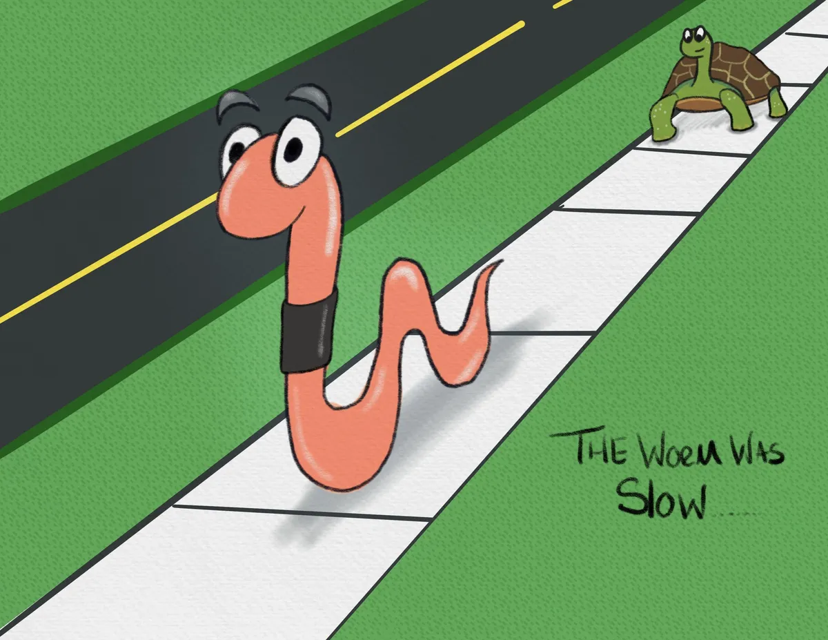 A coral worm with a black collar stands on a sidewalk beside a road while a turtle strolls up behind him; hand lettering reads “The worm was slow…”