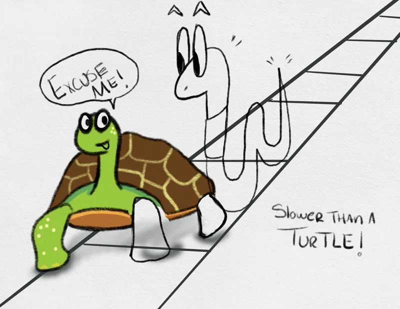 A turtle says “Excuse me!” as it passes a line-drawn worm on the sidewalk