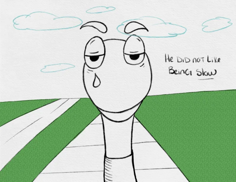 A close-up of the worm with droopy eyes and a tear