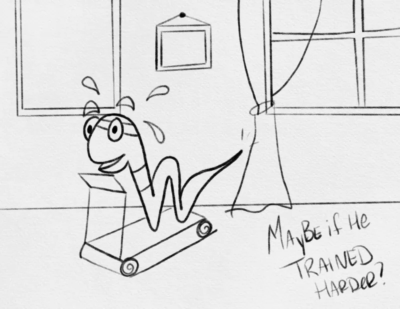The worm, in a headband, sweats on a treadmill