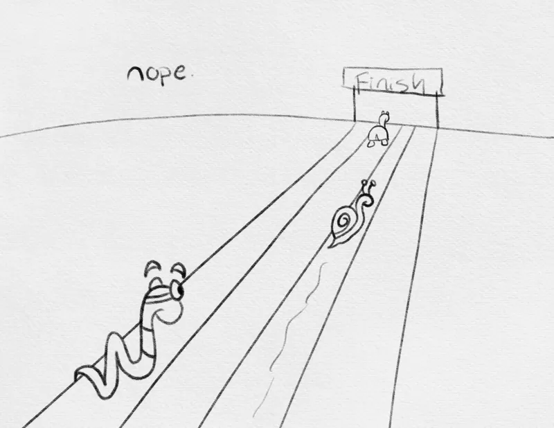In a race, a snail and a turtle head for the finish line far ahead of the worm