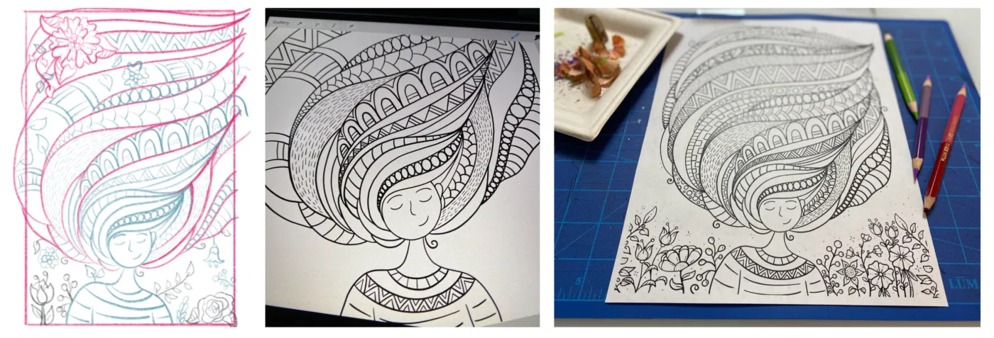 Three stages of a coloring page: a colorful sketch of a woman with patterned hair, black ink in Procreate, and the finished printed page beside colored pencils.