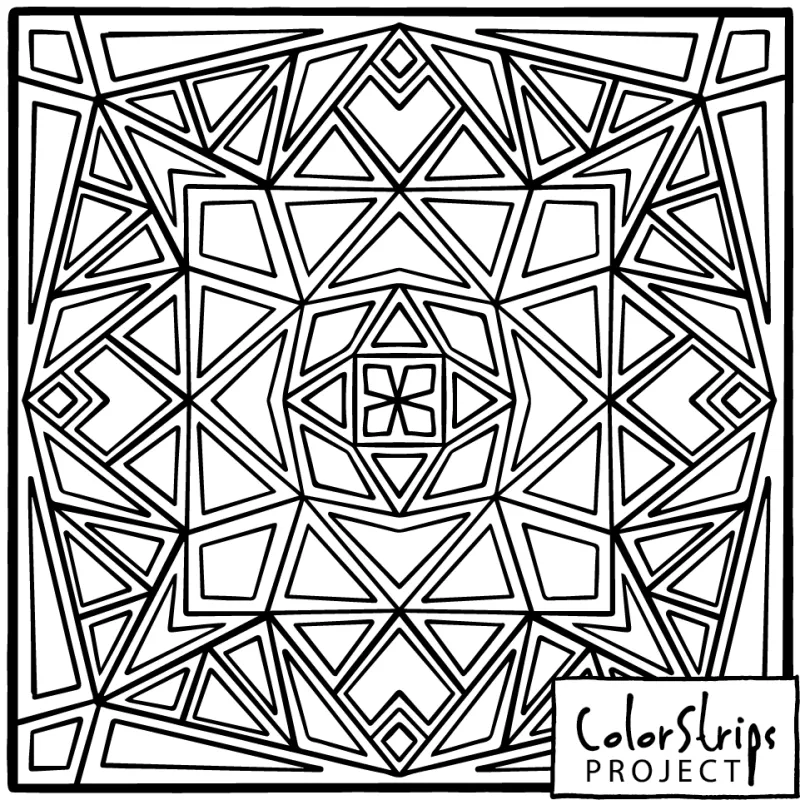 A symmetrical kaleidoscope of triangles and diamonds around a small four-petal center.