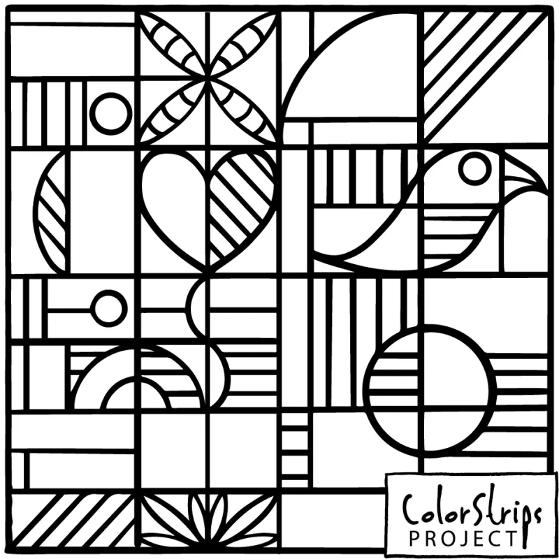 A geometric grid of half-circles, stripes, a heart, a leaf, and a bird in profile.