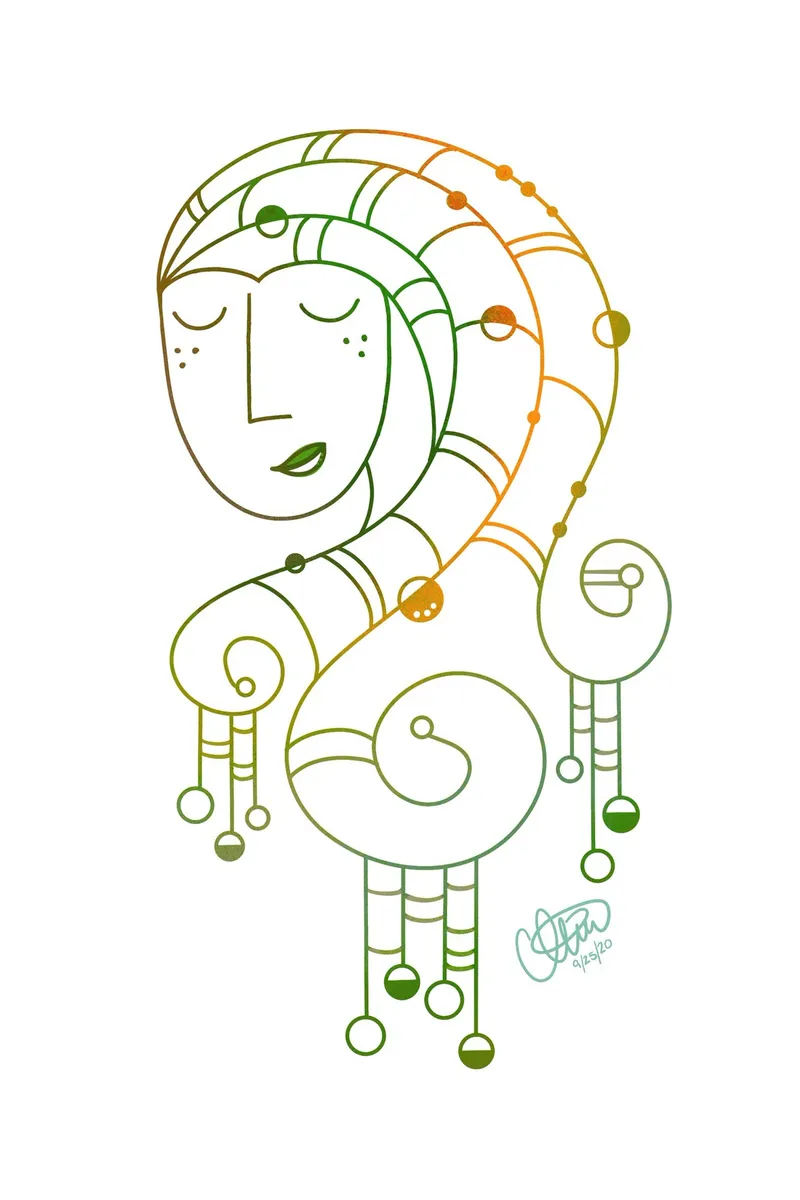 A line drawing of a calm face framed by swirls and hanging dots