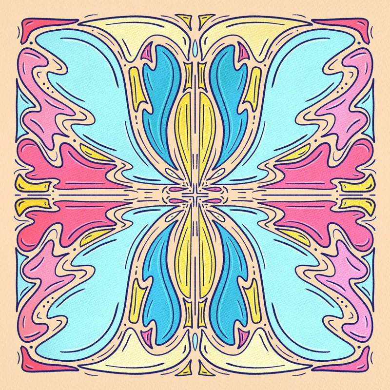 A pastel art nouveau composition of mirrored wing-like shapes
