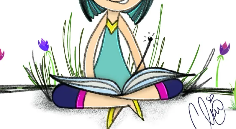 Happy Space — a girl reading a book among tulips, hand-drawn by Christine