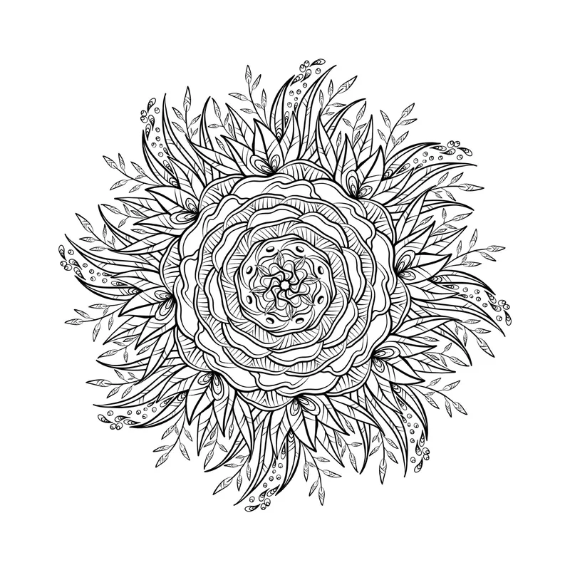 A black-and-white mandala of layered rose petals