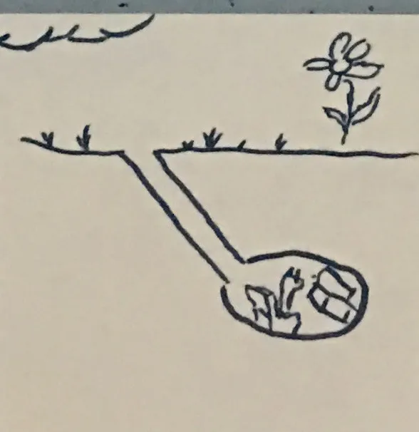 Sticky-note sketch: the worm alone in his burrow underground