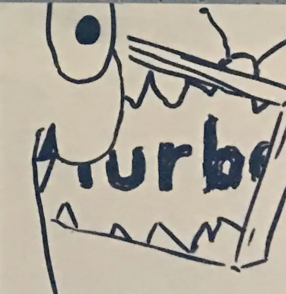 Sticky-note sketch: the worm opens a box labeled Turbo