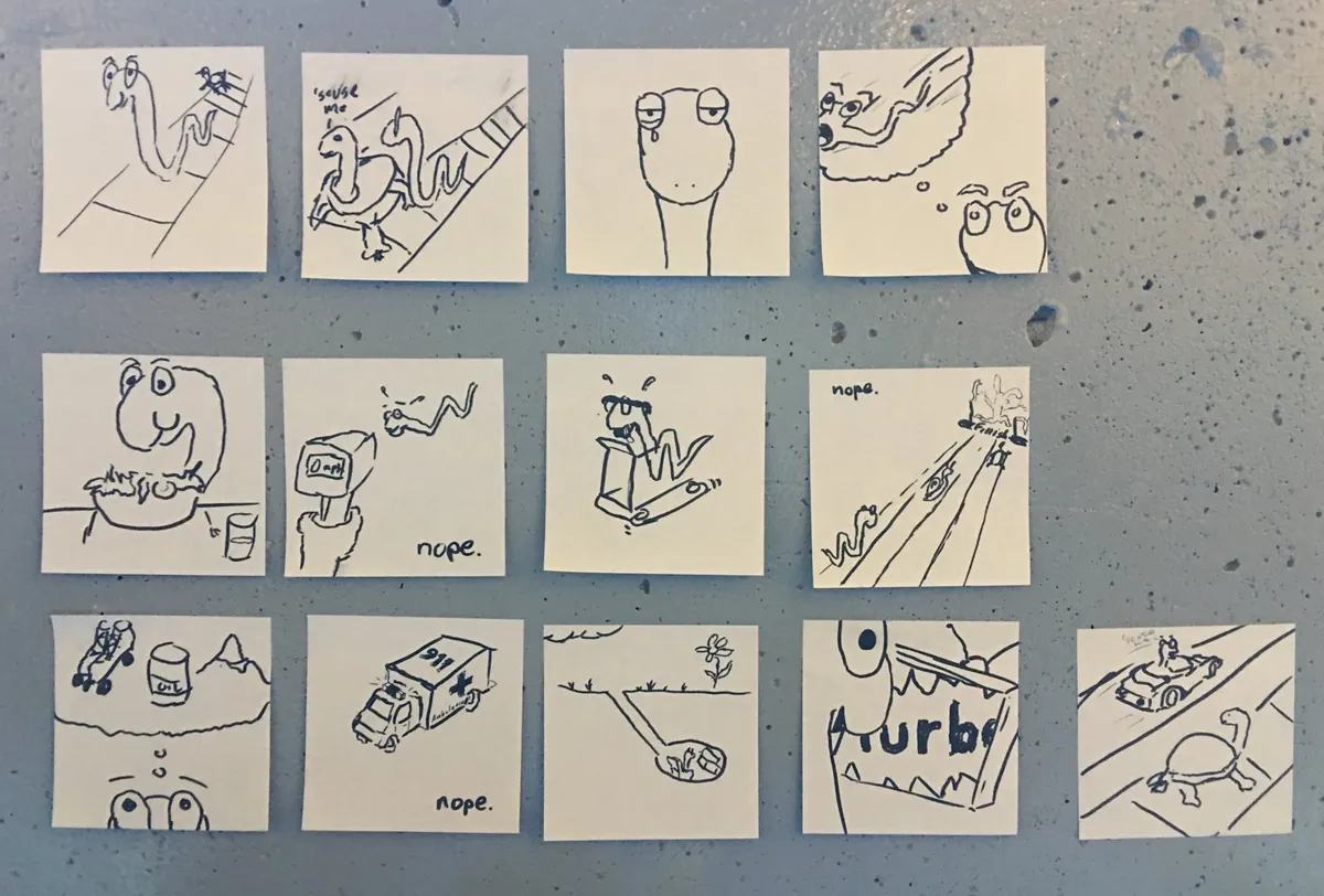 Thirteen sticky-note thumbnails on a gray wall, laying out the whole story from the sidewalk to the race car