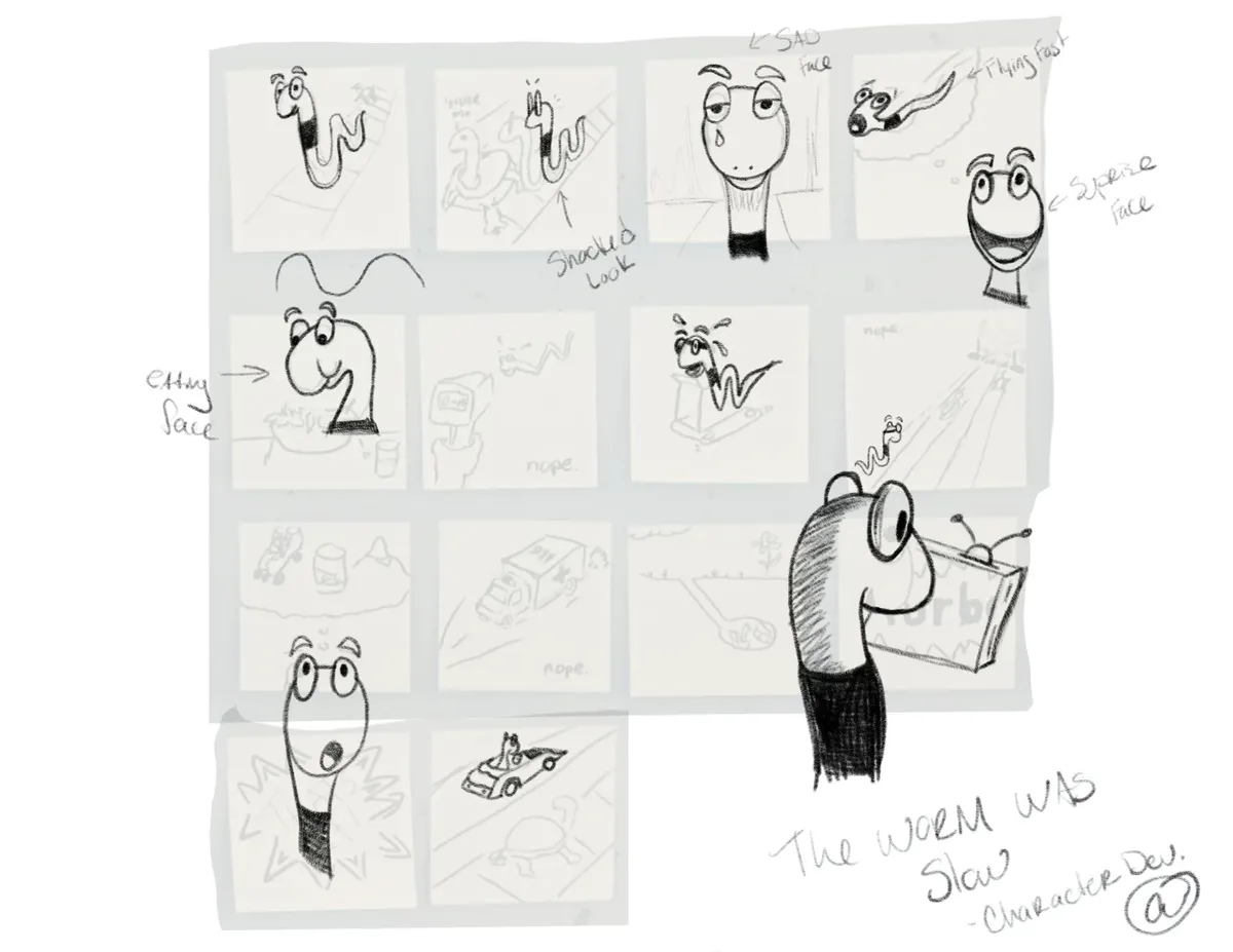 A pencil character sheet for the worm: sad, shocked, eating, and surprised faces, with storyboard thumbnails